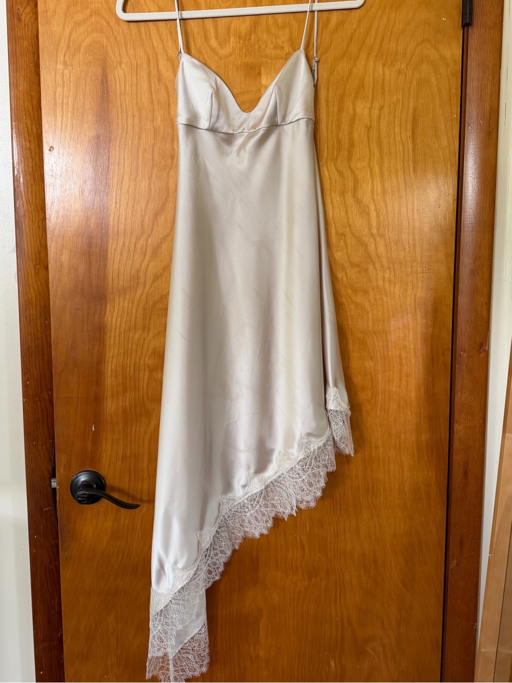 Zara Cream Asymmetrical Slip Dress with Lace Hem